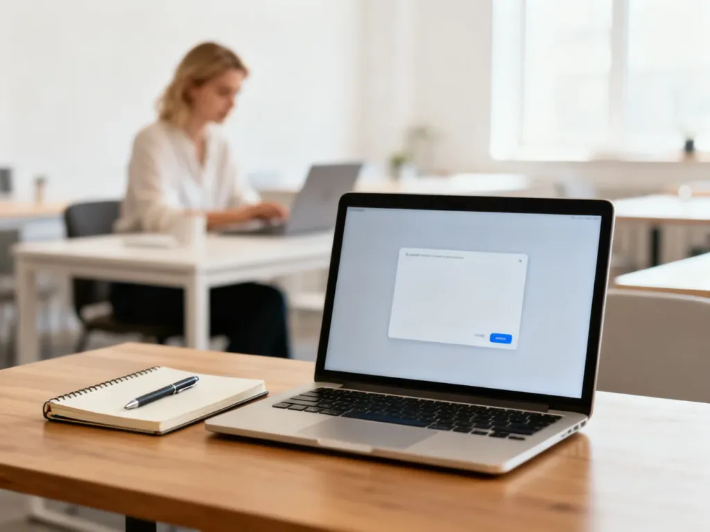 Nowoczesne stanowisko pracy z laptopem i notatnikiem w biurze typu coworking, ilustrujące środowisko komunikacji.