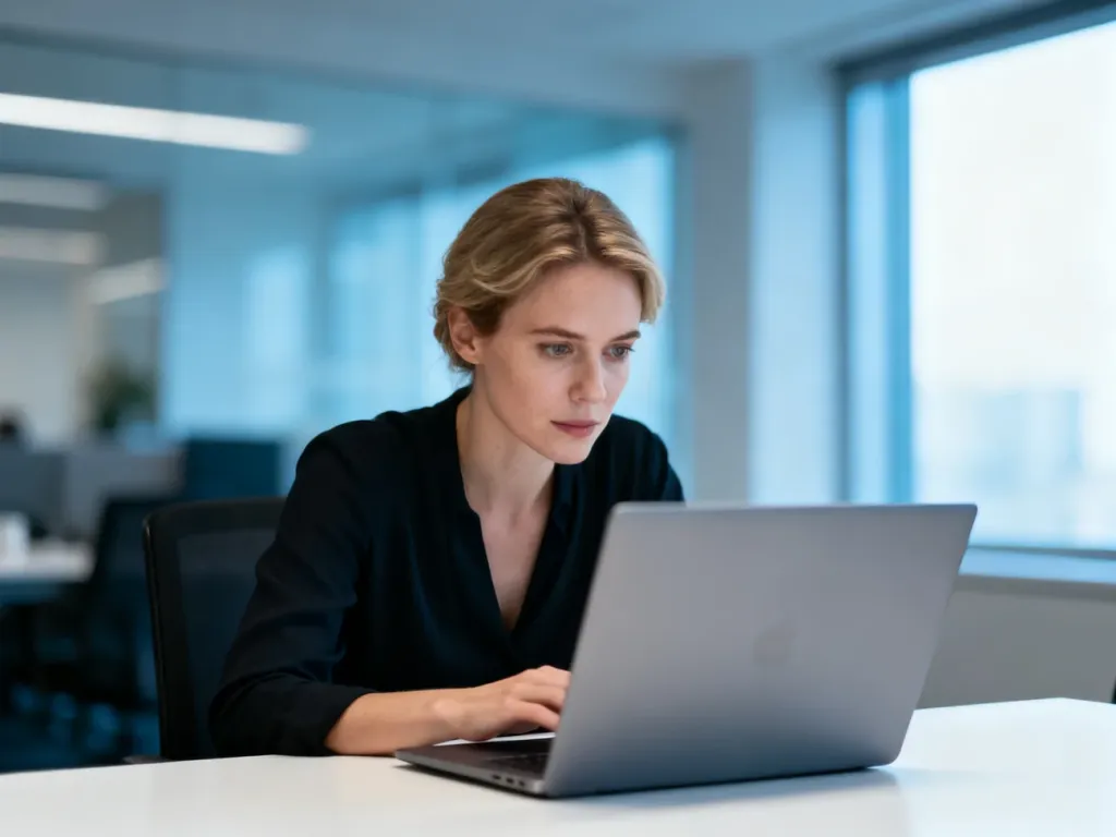 Kobieta pracująca przy laptopie w nowoczesnym biurze, symbolizująca profesjonalną komunikację e-mailową.
