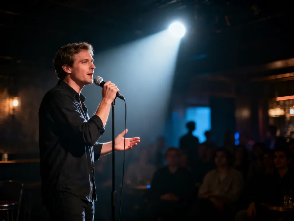 Komik występujący na scenie z mikrofonem w świetle reflektora podczas występu typu stand-up w klubie.