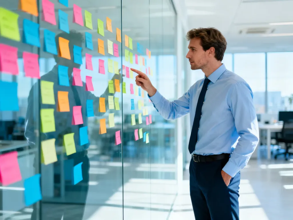 Profesjonalista w nowoczesnym biurze planuje cele biznesowe, wskazując na tablicę z kolorowymi notatkami typu post-it.