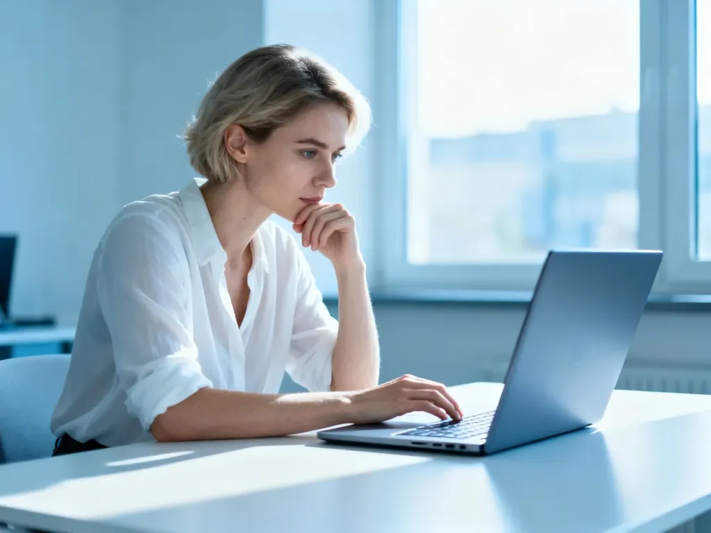 Kobieta pracująca przy laptopie w nowoczesnym biurze, skupiona na zadaniach wymagających profesjonalnej komunikacji.