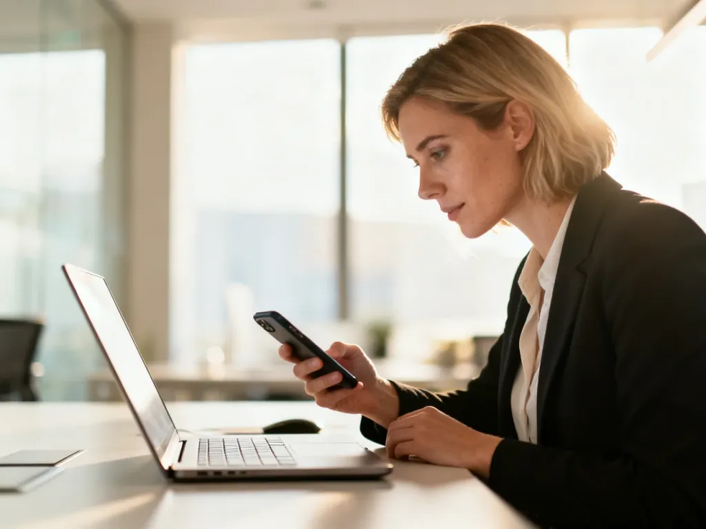 Kobieta w nowoczesnym biurze korzysta ze smartfona i laptopa, co symbolizuje profesjonalną komunikację biznesową.