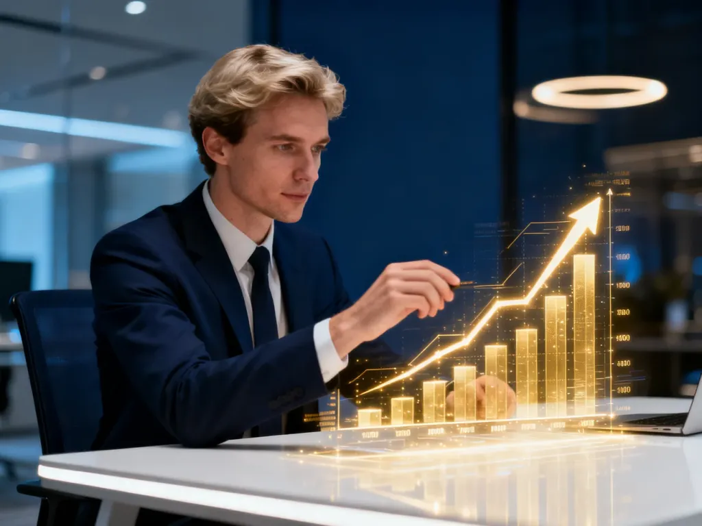Profesjonalista analizujący holograficzne wykresy wzrostu finansowego w nowoczesnym biurze.